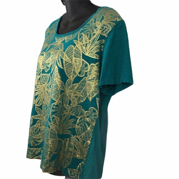 Coral Bay Gold Foiled Teal Short Sleeve Top Size Large - Picture 2 of 5